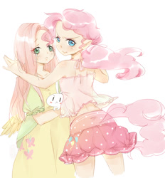 Size: 964x1040 | Tagged: safe, artist:fuuzi, angel bunny, fluttershy, pinkie pie, human, clothes, humanized, midriff, pixiv, skirt, tailed humanization, winged humanization