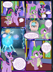 Size: 2136x2868 | Tagged: safe, artist:chaosetmundi, cozy glow, gallus, ocellus, sandbar, silverstream, smolder, spike, starlight glimmer, twilight sparkle, twilight sparkle (alicorn), yona, alicorn, dragon, pony, comic:heirs of chaos, scroll, student six, tempting fate, winged spike