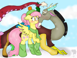 Size: 2048x1536 | Tagged: safe, artist:ashley-the-muffin, discord, fluttershy, pegasus, pony, blushing, clothes, discoshy, female, floppy ears, hat, holly, holly mistaken for mistletoe, kiss on the cheek, kissing, male, raised hoof, scarf, shipping, socks, straight