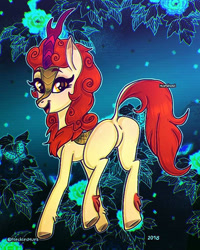 Size: 768x960 | Tagged: safe, artist:hueghost, autumn blaze, kirin, sounds of silence, awwtumn blaze, cute, featureless crotch, female, flower, leg fluff, open mouth, plot, solo