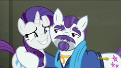 Size: 1920x1080 | Tagged: safe, screencap, mr. stripes, rarity, pony, unicorn, the saddle row review, awkward, discovery family logo, hug, i need an adult