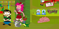 Size: 1264x632 | Tagged: safe, artist:spongekid1999, gummy, pinkie pie, human, christmas, christmas lights, crossover, crossover shipping, dan, dan pie, dan vs, female, hat, humanized, male, mr mumbles, santa hat, straight