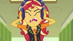 Size: 1920x1080 | Tagged: safe, screencap, sunset shimmer, better together, equestria girls, overpowered (equestria girls), headphones, solo