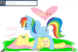 Size: 1350x900 | Tagged: safe, artist:retrokidz, derpibooru import, fluttershy, rainbow dash, pegasus, pony, backwards cutie mark, bedroom eyes, eye contact, female, flutterdash, frown, grass, lesbian, nervous, on back, shipping, smiling, spread wings, tumblr