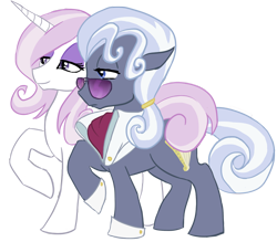 Size: 900x790 | Tagged: source needed, safe, artist:bux, derpibooru import, fleur-de-lis, hoity toity, earth pony, pony, unicorn, duo, female, lidded eyes, male, mare, simple background, stallion, sunglasses, transparent background, walking