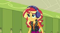 Size: 1920x1080 | Tagged: safe, screencap, sunset shimmer, better together, equestria girls, overpowered (equestria girls), geode of empathy, headphones, magical geodes, solo