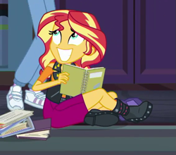 Size: 567x498 | Tagged: safe, screencap, sci-twi, sunset shimmer, twilight sparkle, better together, equestria girls, the finals countdown, awkward smile, book, cropped, offscreen character