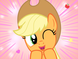Size: 1600x1200 | Tagged: safe, artist:s.guri, applejack, earth pony, pony, americano exodus, cute, happy, heart, jackabetes, looking at you, open mouth, parody, smiling, solo, stars, uvula, vector, wink