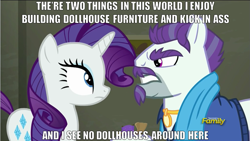 Size: 825x464 | Tagged: safe, edit, edited screencap, screencap, mr. stripes, rarity, pony, unicorn, the saddle row review, discovery family logo, image macro, king of the hill, mad dog, meme, this will end in death