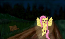 Size: 900x540 | Tagged: safe, artist:woox, fluttershy, dark, flockmod, flutterbat, flying, night, park, solo, spotlight