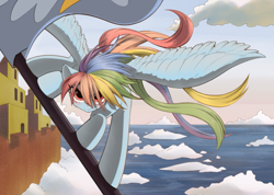 Size: 800x568 | Tagged: safe, artist:unousaya, derpibooru import, rainbow dash, pegasus, pony, cloud, coast, female, flag, flying, mare, ocean, solo