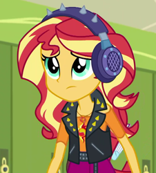 Size: 840x930 | Tagged: safe, screencap, sunset shimmer, better together, equestria girls, overpowered (equestria girls), cropped, geode of empathy, headphones, magical geodes, solo