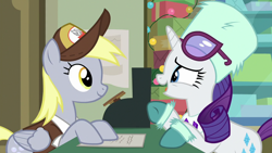 Size: 1280x720 | Tagged: safe, screencap, derpy hooves, rarity, pony, unicorn, best gift ever, cash register, post office, present