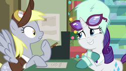 Size: 1280x720 | Tagged: safe, screencap, derpy hooves, rarity, pony, unicorn, best gift ever, cash register, post office, present