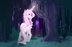 Size: 1000x653 | Tagged: safe, artist:clockworknightmare, derpibooru import, fleur-de-lis, pony, unicorn, female, glowing horn, horn, solo, tree