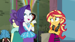 Size: 1920x1080 | Tagged: safe, screencap, rarity, sunset shimmer, better together, display of affection, equestria girls, background human, female, geode of empathy, geode of shielding, magical geodes