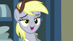 Size: 1280x720 | Tagged: safe, screencap, derpy hooves, pony, best gift ever, lidded eyes, mailpony, mid-blink screencap, post office, solo