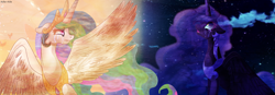 Size: 4053x1417 | Tagged: safe, artist:asika-aida, princess celestia, princess luna, alicorn, pony, crying, duo, floppy ears