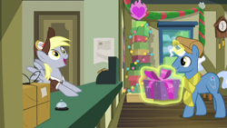 Size: 1280x720 | Tagged: safe, screencap, derpy hooves, pokey pierce, pony, best gift ever, cash register, post office, present