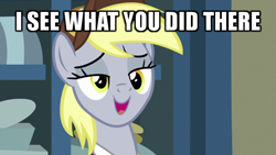 Size: 600x338 | Tagged: safe, edit, screencap, derpy hooves, pony, best gift ever, caption, i see what you did there, image macro, lidded eyes, mailpony, meme, mid-blink screencap, post office, reaction image, solo, text