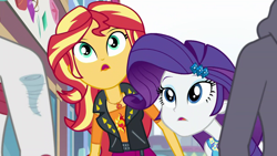 Size: 1920x1080 | Tagged: safe, screencap, curly winds, rarity, some blue guy, sunset shimmer, track starr, better together, display of affection, equestria girls, background human, geode of empathy, magical geodes, offscreen character