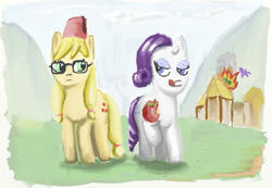 Size: 1059x732 | Tagged: safe, artist:trixsun, applejack, rarity, twilight sparkle, twilight sparkle (alicorn), alicorn, earth pony, pony, unicorn, apple, female, fez, fire, glasses, hat, mare, tongue out