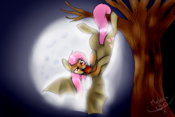 Size: 1024x689 | Tagged: safe, artist:rflzqt, fluttershy, fangs, flutterbat, moon, solo