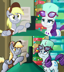 Size: 1920x2160 | Tagged: safe, artist:mandy1412, screencap, derpy hooves, rarity, pegasus, pony, unicorn, best gift ever, cash register, female, mare, post office, present, scene interpretation