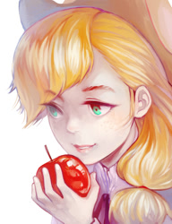 Size: 600x780 | Tagged: safe, artist:zik, applejack, human, apple, humanized, pixiv, solo