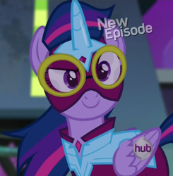 Size: 762x778 | Tagged: safe, derpibooru import, screencap, masked matter-horn, twilight sparkle, twilight sparkle (alicorn), alicorn, pony, power ponies (episode), adorkable, cute, dork, female, goggles, hub logo, mare, power ponies, raised eyebrow, smiling, solo