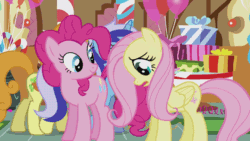 Size: 672x378 | Tagged: safe, screencap, carrot top, fluttershy, golden harvest, minuette, pinkie pie, earth pony, pegasus, pony, griffon the brush off, animated, annoyed, blinking, fluttershy is not amused, frown, glare, head pat, i'm a year older than you, lidded eyes, open mouth, party, petting, raised hoof, reassurance, seizure warning in comments, smiling, sugarcube corner, talking, wow pinkie