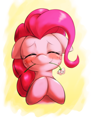 Size: 750x1000 | Tagged: safe, artist:ushiro no kukan, pinkie pie, earth pony, pony, blushing, crying, cute, diapinkes, eyes closed, female, flower, flower in mouth, happy, mare, mouth hold, smiling, solo, tears of joy