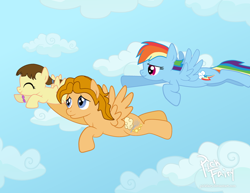 Size: 1024x791 | Tagged: safe, artist:pickfairy, derpibooru import, rainbow dash, oc, oc:brony chef, oc:regina, pegasus, pony, cloud, cloudy, cute, daaaaaaaaaaaw, flying