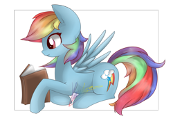 Size: 4960x3507 | Tagged: safe, artist:princesshannahz, derpibooru import, rainbow dash, pegasus, pony, absurd resolution, backwards cutie mark, book, prone, reading, signature, simple background, solo, white background