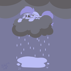 Size: 2000x2000 | Tagged: safe, artist:binkyt11, derpy hooves, pegasus, pony, cloud, female, limited palette, lineless, mare, medibang paint, puddle, rain, raincloud, sad, solo