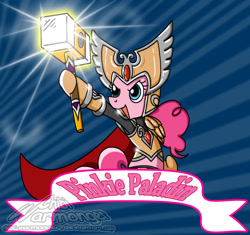 Size: 982x922 | Tagged: safe, artist:chibi-warmonger, pinkie pie, pony, armor, bipedal, crossover, fantasy class, hammer, hoof hold, knight, open mouth, paladin, pun, smiling, solo, war hammer, warcraft, warrior, weapon, world of warcraft