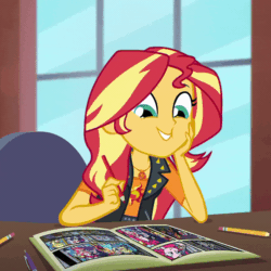 Size: 800x799 | Tagged: safe, screencap, sunset shimmer, better together, equestria girls, super squad goals, animated, breaking the fourth wall, cheek squish, cropped, fourth wall, geode of empathy, gif, looking at you, magical geodes, marker, pencil, smiling, smirk, smugset shimmer, solo, squishy cheeks, sunset's apartment