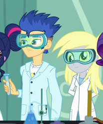 Size: 758x916 | Tagged: safe, screencap, derpy hooves, flash sentry, rarity, sci-twi, twilight sparkle, better together, equestria girls, a queen of clubs, beaker, chemistry, clothes, cropped, female, goggles, lab coat, male, offscreen character, safety goggles, smoke, test tube