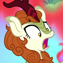 Size: 650x650 | Tagged: safe, screencap, autumn blaze, kirin, sounds of silence, cropped, female, fire, open mouth, solo