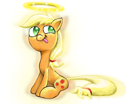 Size: 729x600 | Tagged: safe, artist:bdgs, applejack, earth pony, pony, halo, silly, silly pony, sitting, solo, tongue out