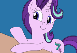 Size: 1108x768 | Tagged: safe, artist:alexanderwilliams, starlight glimmer, pony, unicorn, blue background, excited, female, mare, simple background, smiling, solo