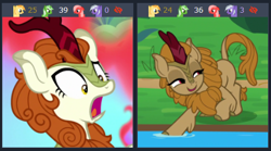 Size: 447x249 | Tagged: safe, autumn blaze, fern flare, kirin, sounds of silence, derpibooru, juxtaposition, juxtaposition win, meme, meta