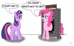 Size: 3080x1940 | Tagged: safe, artist:scyphi, derpibooru import, pinkie pie, twilight sparkle, earth pony, pony, brick, bricks, confused, fourth wall, frown, literal, open mouth, raised leg, simple background, speech bubble, talking, wall