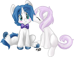 Size: 676x522 | Tagged: safe, artist:fizzy-dog, derpibooru import, fancypants, fleur-de-lis, unicorn, blushing, bowtie, colt, cute, fancyfleur, female, filly, foal, foal romance, kissing, male, shipping, straight, surprise kiss, surprised, younger