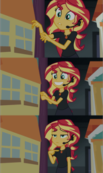 Size: 1623x2731 | Tagged: safe, screencap, sunset shimmer, better together, equestria girls, opening night, opening night: twilight sparkle, cute, director shimmer, frown, geode of empathy, grin, headset, lidded eyes, magical geodes, nervous, pointing, shimmerbetes, smiling, solo, unamused, worried, you tried