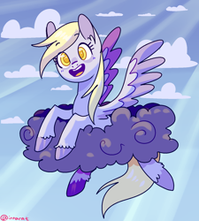 Size: 1300x1443 | Tagged: safe, artist:1racat, derpy hooves, pegasus, pony, cloud, colored hooves, colored pupils, crepuscular rays, female, mare, sky, smiling, solo, unshorn fetlocks