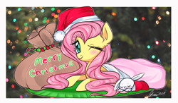 Size: 1000x585 | Tagged: safe, artist:suzuii, angel bunny, fluttershy, pegasus, pony, hat, santa hat, wink