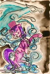 Size: 1024x1503 | Tagged: safe, artist:colorsceempainting, snowfall frost, starlight glimmer, pony, unicorn, windigo, clothes, glasses, hat, magic, top hat, traditional art, watercolor painting