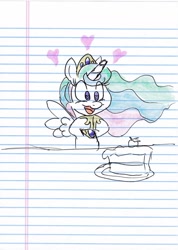 Size: 1024x1440 | Tagged: safe, artist:vulpinfury, princess celestia, alicorn, pony, ballpoint pen, cake, cakelestia, filly, food, highlighter, lined paper, solo, traditional art