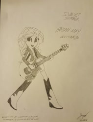 Size: 1330x1752 | Tagged: safe, artist:forzaveteranenigma, sunset shimmer, equestria girls, black and white, brian may, grayscale, guitar, monochrome, queen, solo, trace, traditional art